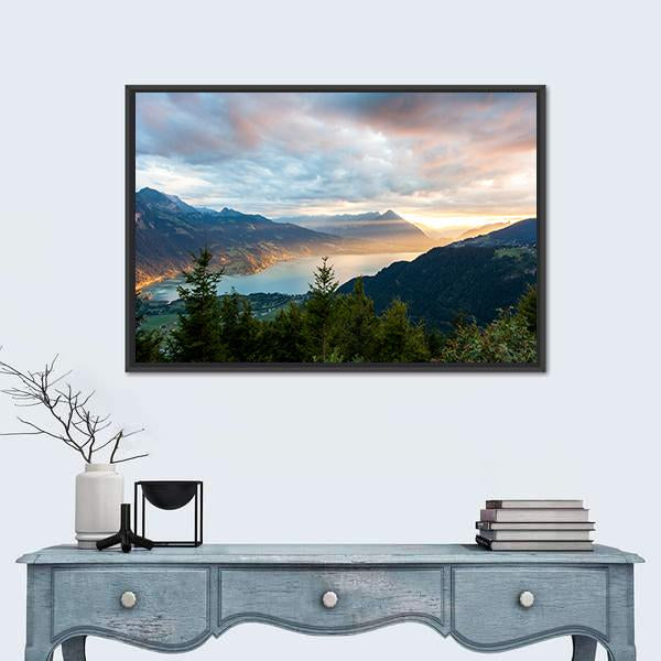 Sunset View Of Thun Lake Canvas Wall Art-1 Piece-Floating Frame-24" x 16"-Tiaracle
