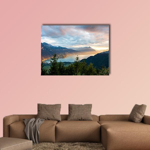 Sunset View Of Thun Lake Canvas Wall Art-1 Piece-Gallery Wrap-48" x 32"-Tiaracle
