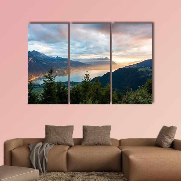 Sunset View Of Thun Lake Canvas Wall Art-3 Horizontal-Gallery Wrap-37" x 24"-Tiaracle