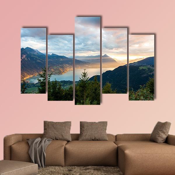 Sunset View Of Thun Lake Canvas Wall Art-5 Pop-Gallery Wrap-47" x 32"-Tiaracle