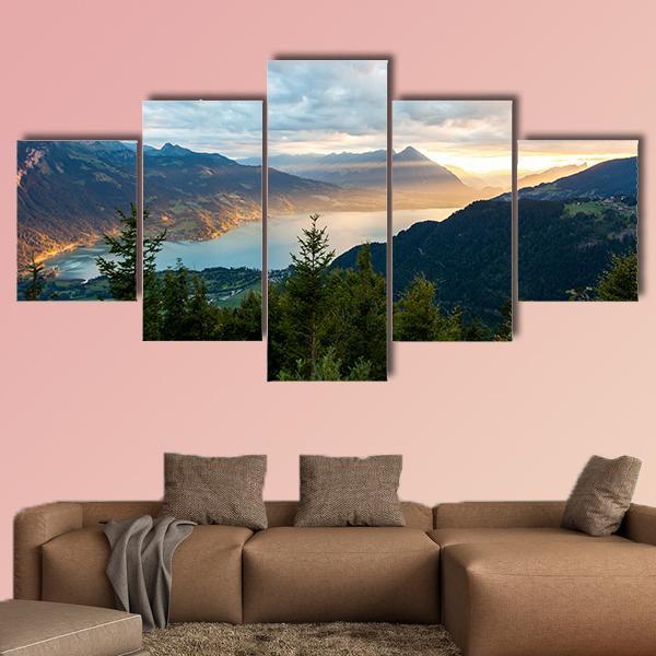 Sunset View Of Thun Lake Canvas Wall Art-5 Star-Gallery Wrap-62" x 32"-Tiaracle