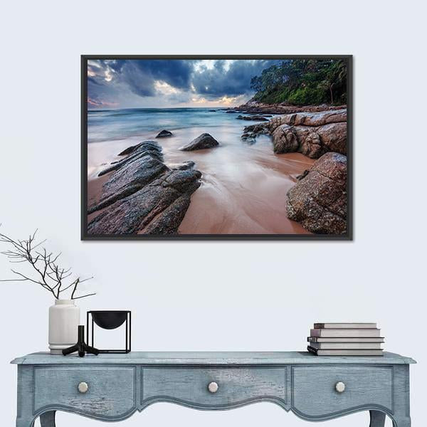 Sunset View Of Tropical Beach Canvas Wall Art-1 Piece-Floating Frame-24" x 16"-Tiaracle