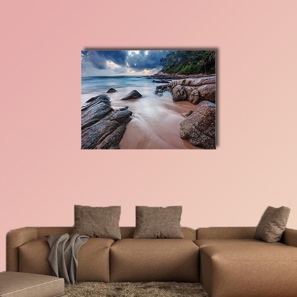 Tropical Beach at Sunset Canvas Wall Art in gray, brown and blue, single panel hung on a wall