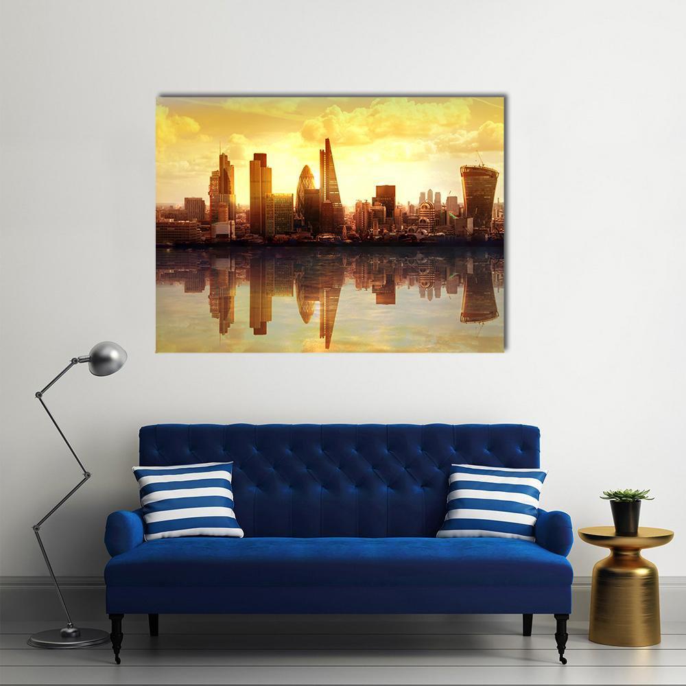 London Skyline at Golden Hour Canvas Wall Art in gold, orange and yellow, single panel hung on a wall