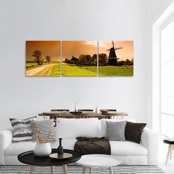 Sunset Windmill Landscape In Netherlands Panoramic Canvas Wall Art-1 Piece-36" x 12"-Tiaracle