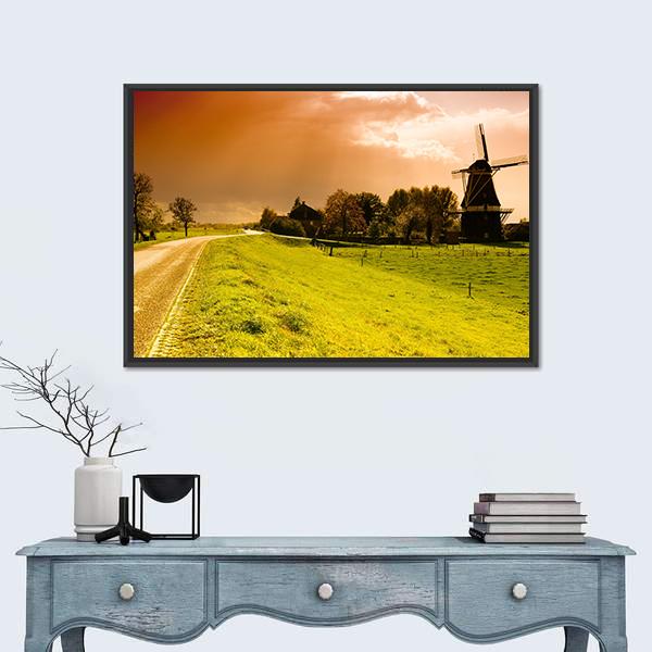 Sunset Windmill Landscape In The Netherlands Canvas Wall Art-1 Piece-Floating Frame-24" x 16"-Tiaracle