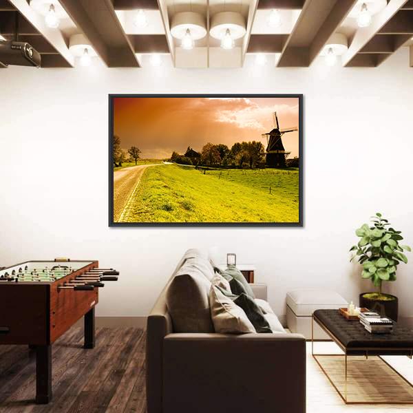 Sunset Windmill Landscape In The Netherlands Canvas Wall Art-3 Horizontal-Gallery Wrap-25" x 16"-Tiaracle