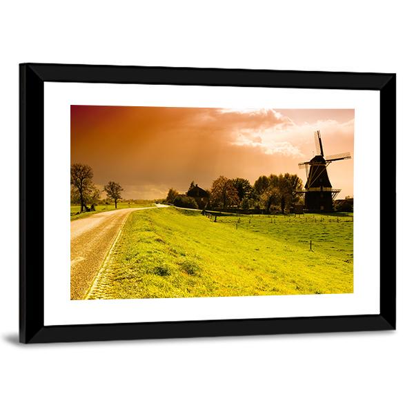Sunset Windmill Landscape In The Netherlands Canvas Wall Art-3 Horizontal-Gallery Wrap-25" x 16"-Tiaracle