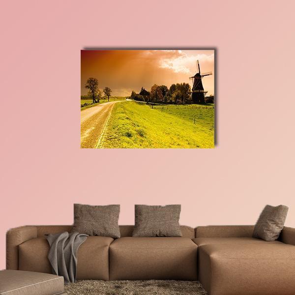 Sunset Windmill Landscape In The Netherlands Canvas Wall Art-1 Piece-Gallery Wrap-48" x 32"-Tiaracle