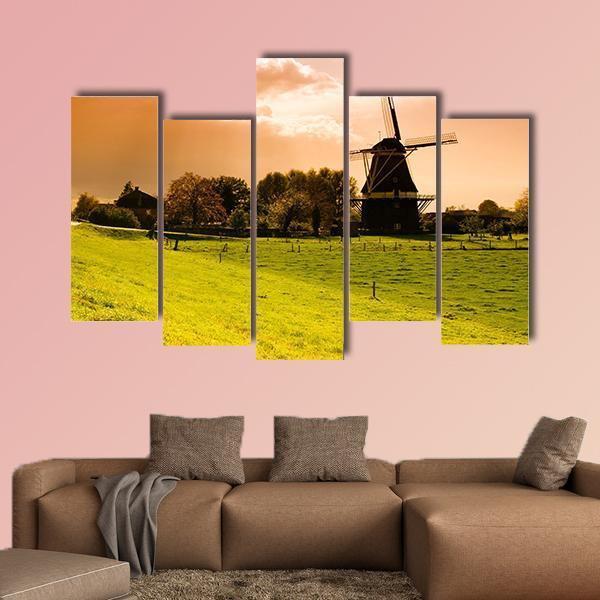 Sunset Windmill Landscape In The Netherlands Canvas Wall Art-5 Pop-Gallery Wrap-47&quot; x 32&quot;-Tiaracle