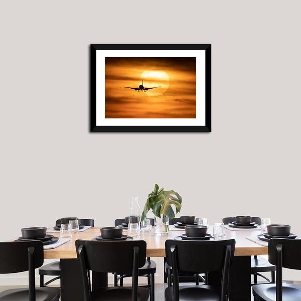 Sunset With Airplane Canvas Wall Art-1 Piece-Framed Print-20" x 16"-Tiaracle