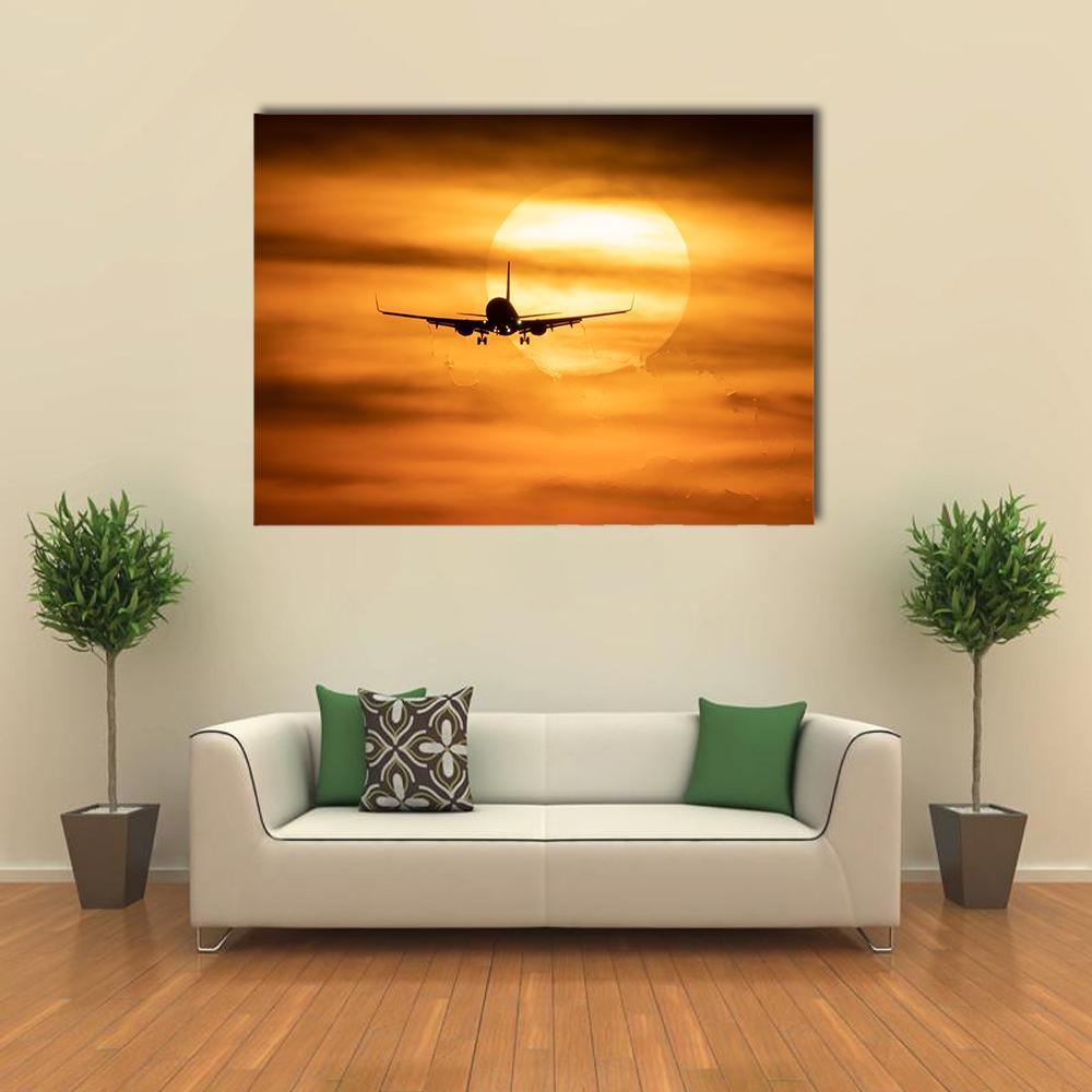 Sunset With Airplane Canvas Wall Art-1 Piece-Gallery Wrap-48" x 32"-Tiaracle