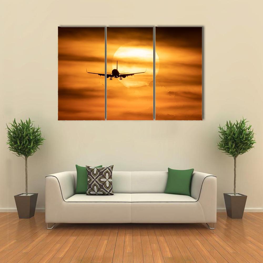 Sunset With Airplane Canvas Wall Art-3 Horizontal-Gallery Wrap-37" x 24"-Tiaracle
