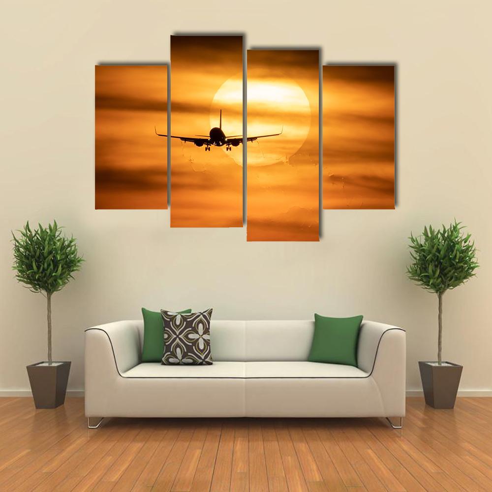 Sunset With Airplane Canvas Wall Art-4 Pop-Gallery Wrap-50" x 32"-Tiaracle