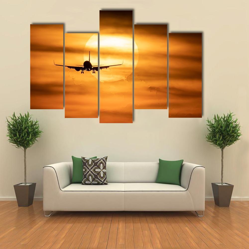 Sunset With Airplane Canvas Wall Art-5 Pop-Gallery Wrap-47" x 32"-Tiaracle