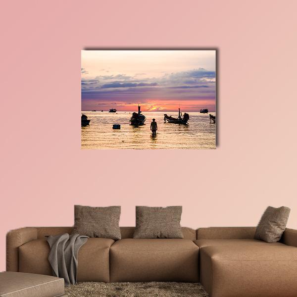 Sunset With Boat On Sea Beach Canvas Wall Art-4 Horizontal-Gallery Wrap-34" x 24"-Tiaracle