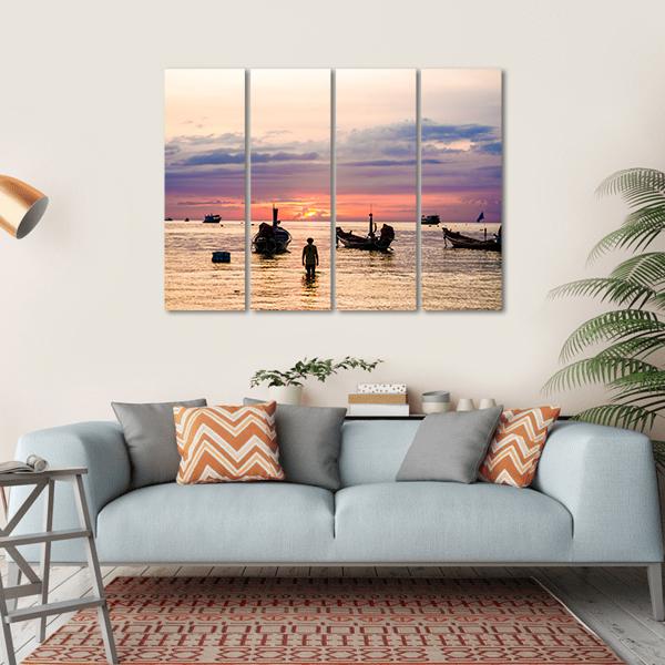 Sunset With Boat On Sea Beach Canvas Wall Art-4 Horizontal-Gallery Wrap-34" x 24"-Tiaracle