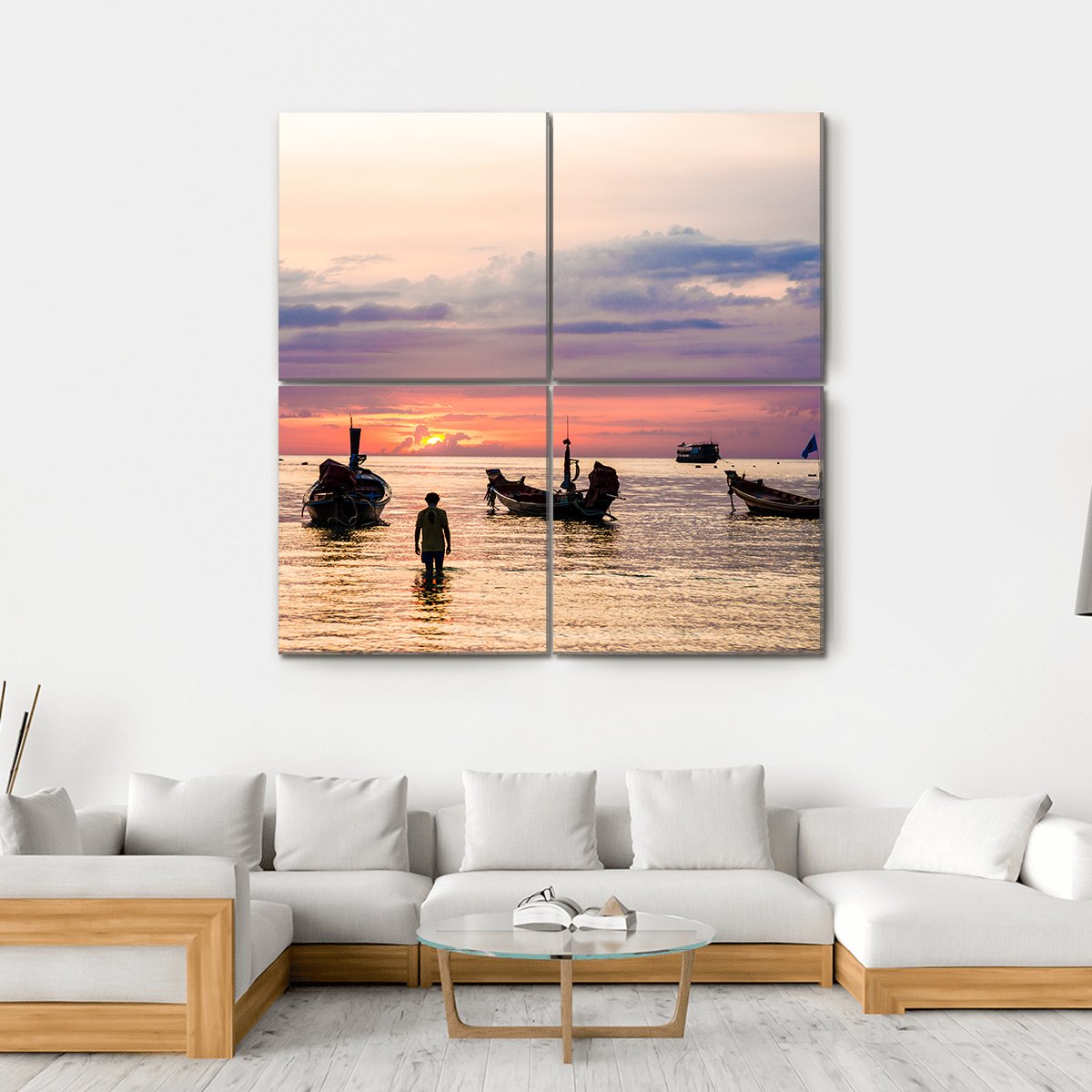 Sunset With Boat On Sea Beach Canvas Wall Art-4 Square-Gallery Wrap-17" x 17"-Tiaracle