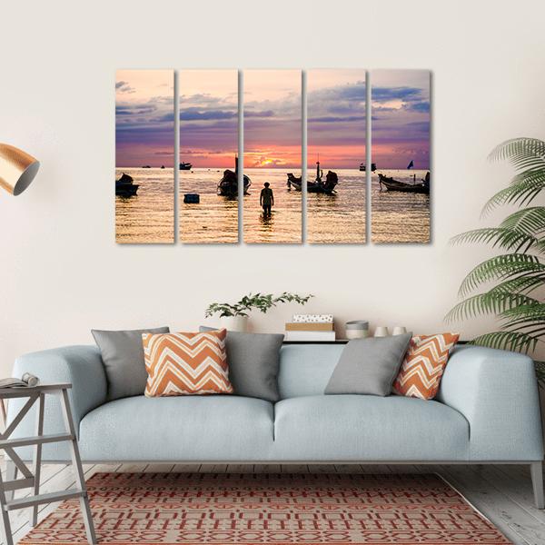 Sunset With Boat On Sea Beach Canvas Wall Art-5 Horizontal-Gallery Wrap-22" x 12"-Tiaracle