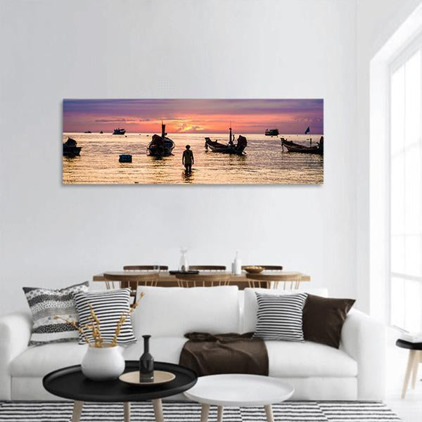 Sunset With Boat On Sea Beach Panoramic Canvas Wall Art-3 Piece-25" x 08"-Tiaracle