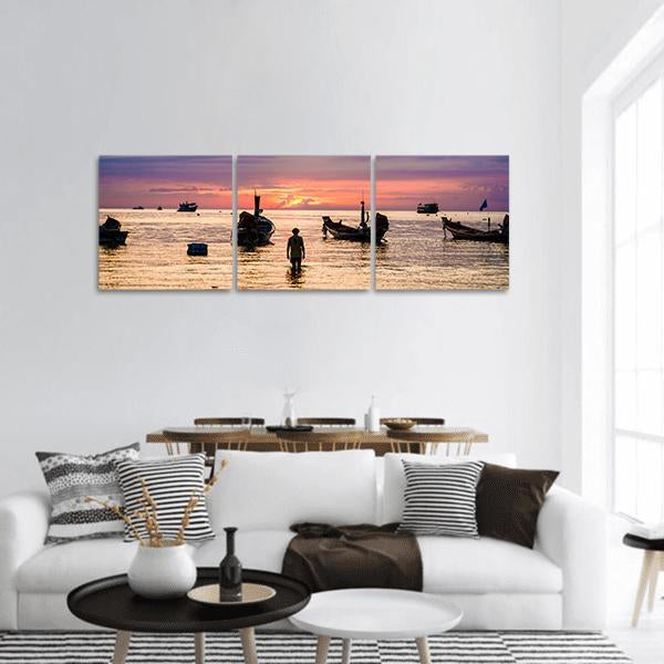 Sunset With Boat On Sea Beach Panoramic Canvas Wall Art-3 Piece-25" x 08"-Tiaracle