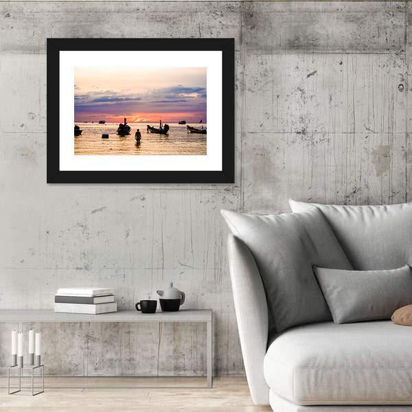 Sunset With Boat On Sea Beach Panoramic Canvas Wall Art-1 Piece-36" x 12"-Tiaracle
