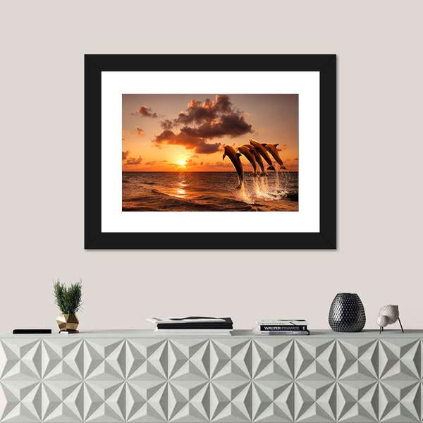 Sunset With Jumping Dolphins Canvas Wall Art-1 Piece-Framed Print-30" x 20"-Tiaracle