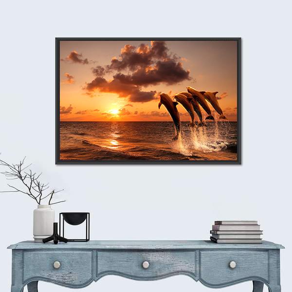 Sunset With Jumping Dolphins Canvas Wall Art-1 Piece-Floating Frame-36" x 24"-Tiaracle