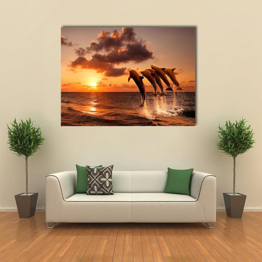 Sunset With Jumping Dolphins Canvas Wall Art-4 Horizontal-Gallery Wrap-34" x 24"-Tiaracle