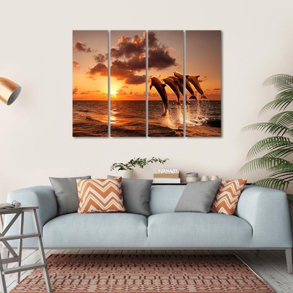 Sunset With Jumping Dolphins Canvas Wall Art-4 Horizontal-Gallery Wrap-34" x 24"-Tiaracle