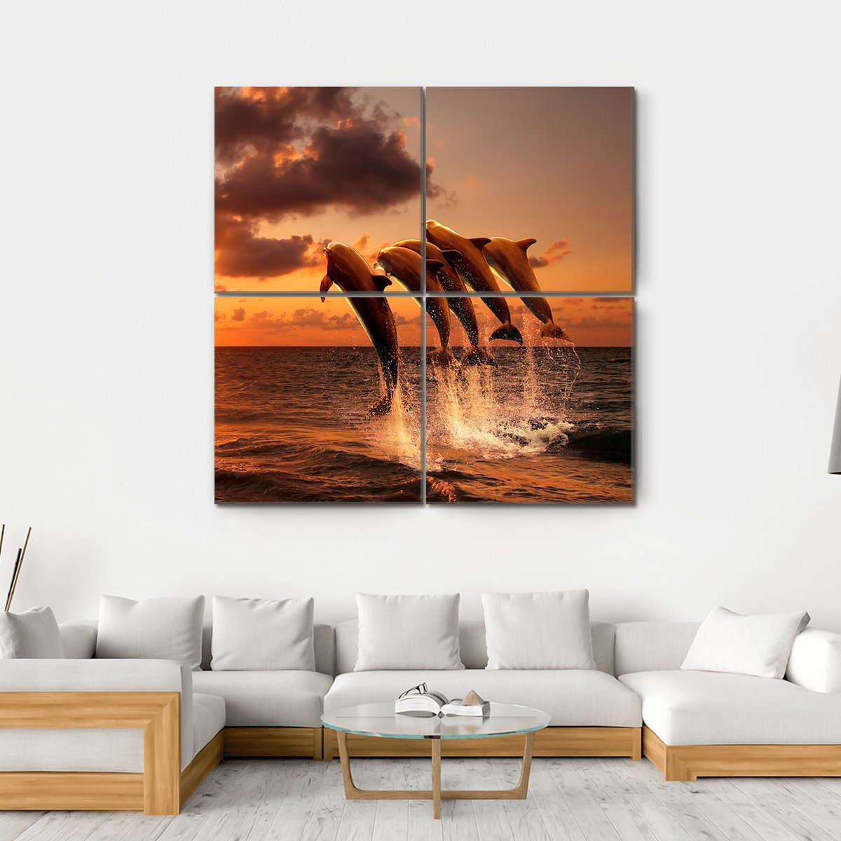 Sunset With Jumping Dolphins Canvas Wall Art-4 Square-Gallery Wrap-17" x 17"-Tiaracle