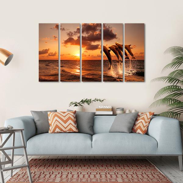 Sunset With Jumping Dolphins Canvas Wall Art-5 Horizontal-Gallery Wrap-22" x 12"-Tiaracle