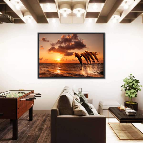 Sunset With Jumping Dolphins Canvas Wall Art-5 Horizontal-Gallery Wrap-22" x 12"-Tiaracle