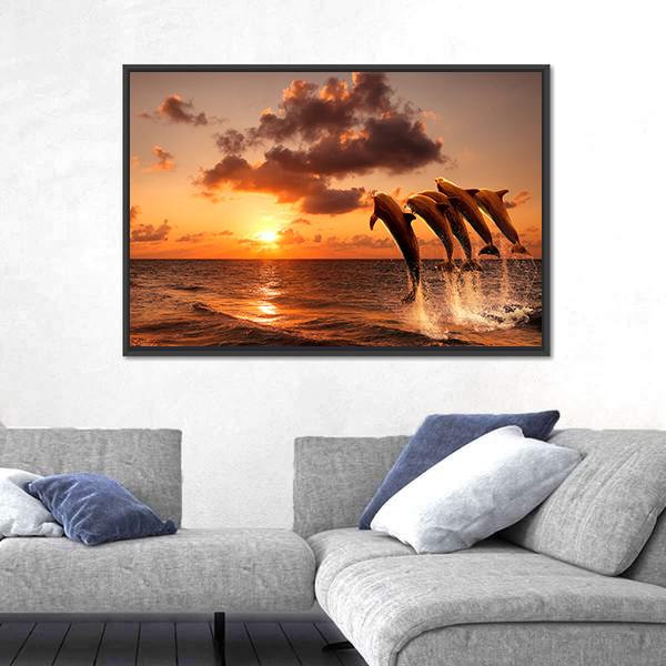 Sunset With Jumping Dolphins Canvas Wall Art-5 Horizontal-Gallery Wrap-22" x 12"-Tiaracle