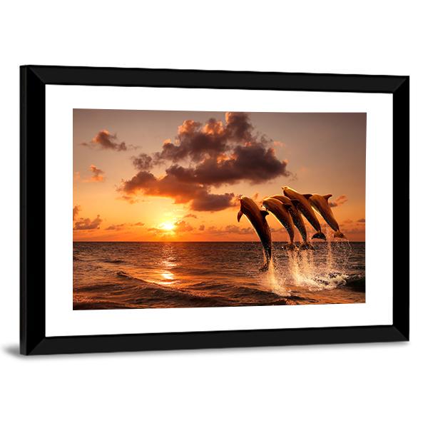 Sunset With Jumping Dolphins Canvas Wall Art-5 Horizontal-Gallery Wrap-22" x 12"-Tiaracle