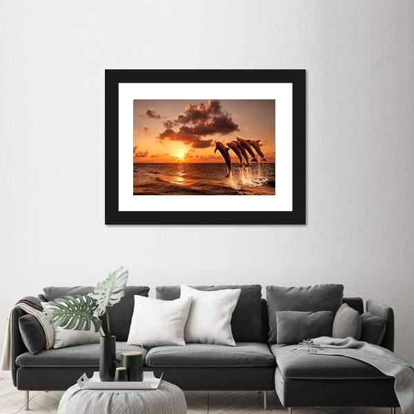 Sunset With Jumping Dolphins Canvas Wall Art-5 Horizontal-Gallery Wrap-22" x 12"-Tiaracle