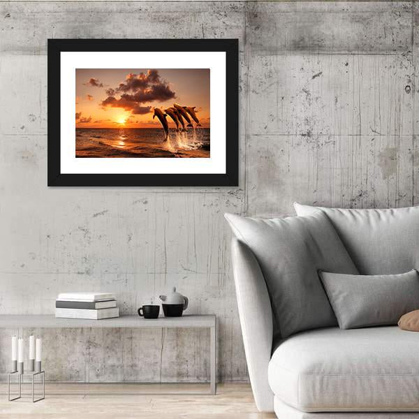 Sunset With Jumping Dolphins Canvas Wall Art-5 Horizontal-Gallery Wrap-22" x 12"-Tiaracle