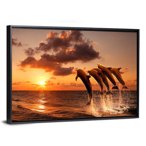 Sunset With Jumping Dolphins Canvas Wall Art-5 Horizontal-Gallery Wrap-22" x 12"-Tiaracle