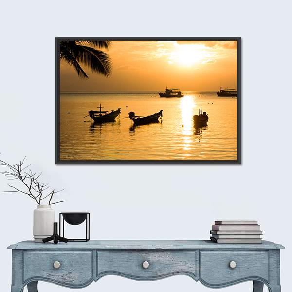 Sunset With Palm And Boats On Tropical Beach Canvas Wall Art-1 Piece-Floating Frame-24" x 16"-Tiaracle