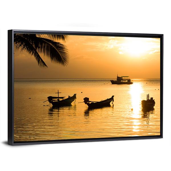 Sunset With Palm And Boats On Tropical Beach Canvas Wall Art-3 Horizontal-Gallery Wrap-25" x 16"-Tiaracle
