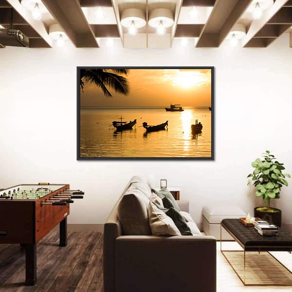 Sunset With Palm And Boats On Tropical Beach Canvas Wall Art-3 Horizontal-Gallery Wrap-25" x 16"-Tiaracle