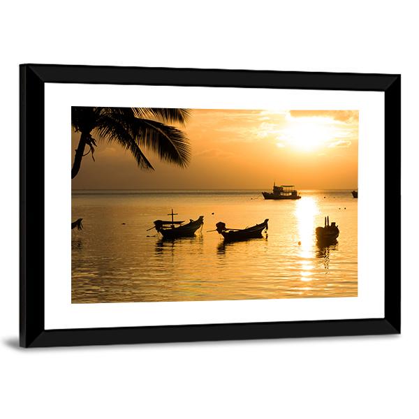 Sunset With Palm And Boats On Tropical Beach Canvas Wall Art-3 Horizontal-Gallery Wrap-25" x 16"-Tiaracle