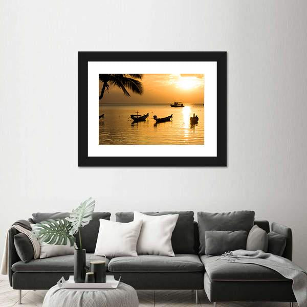 Sunset With Palm And Boats On Tropical Beach Canvas Wall Art-3 Horizontal-Gallery Wrap-25" x 16"-Tiaracle