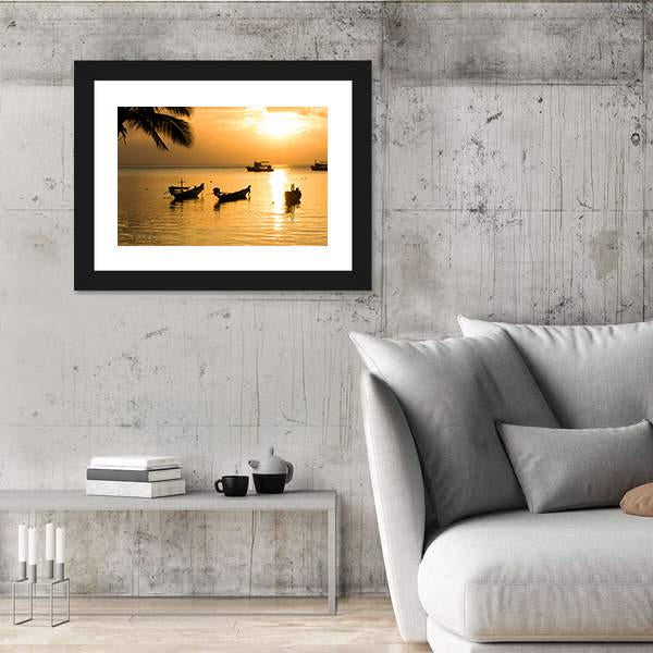 Sunset With Palm And Boats On Tropical Beach Canvas Wall Art-3 Horizontal-Gallery Wrap-25" x 16"-Tiaracle