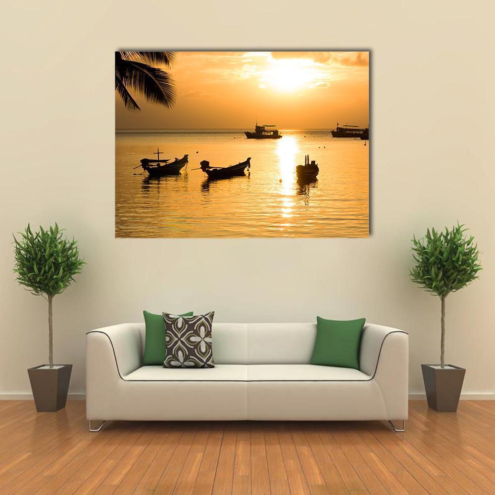 Sunset With Palm And Boats On Tropical Beach Canvas Wall Art-1 Piece-Gallery Wrap-48" x 32"-Tiaracle