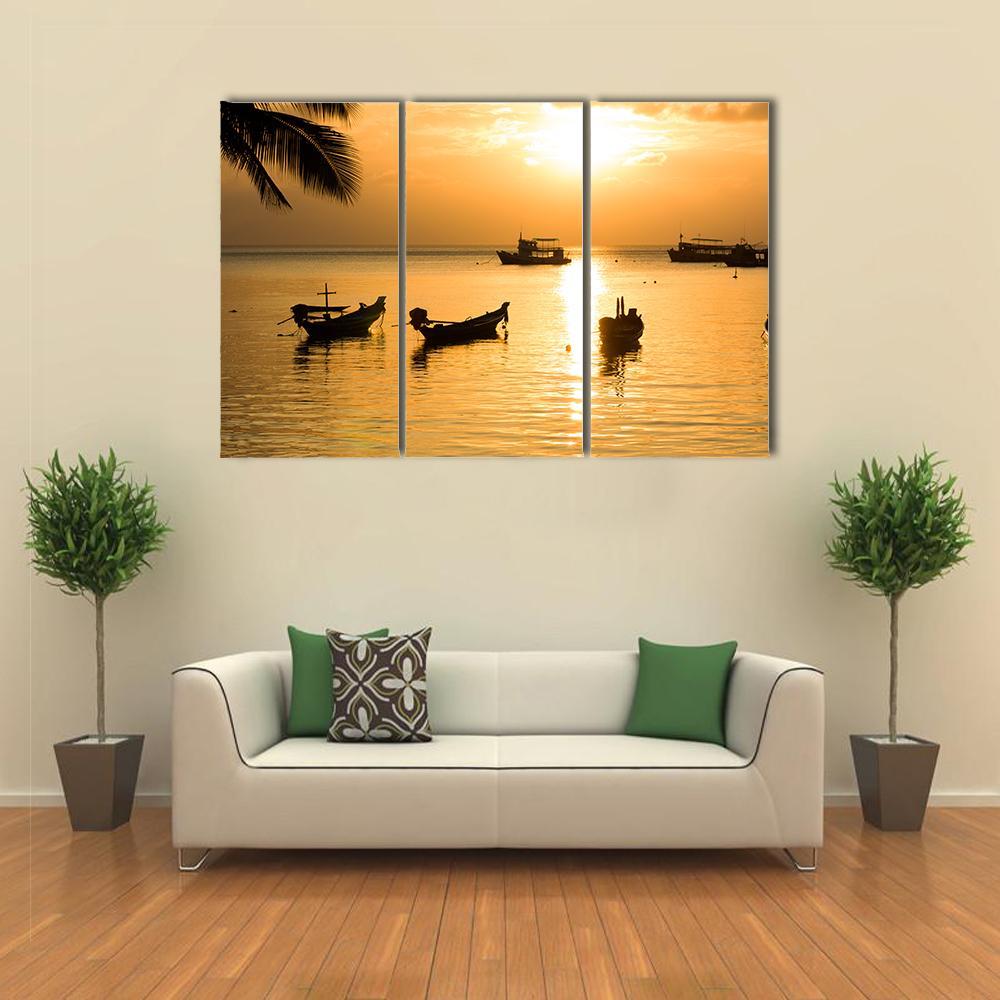 Sunset With Palm And Boats On Tropical Beach Canvas Wall Art-3 Horizontal-Gallery Wrap-37" x 24"-Tiaracle