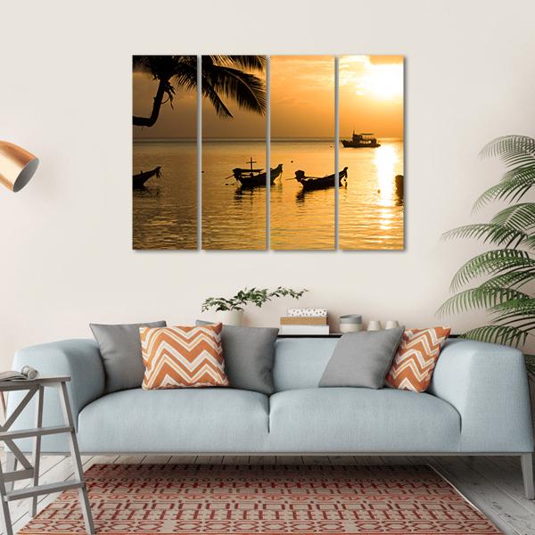 Sunset With Palm And Boats On Tropical Beach Canvas Wall Art-4 Horizontal-Gallery Wrap-34" x 24"-Tiaracle
