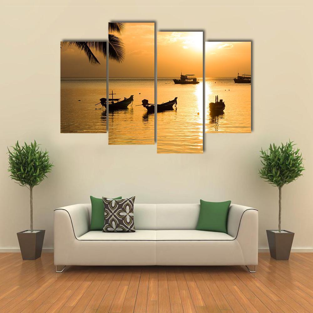 Sunset With Palm And Boats On Tropical Beach Canvas Wall Art-4 Pop-Gallery Wrap-50" x 32"-Tiaracle