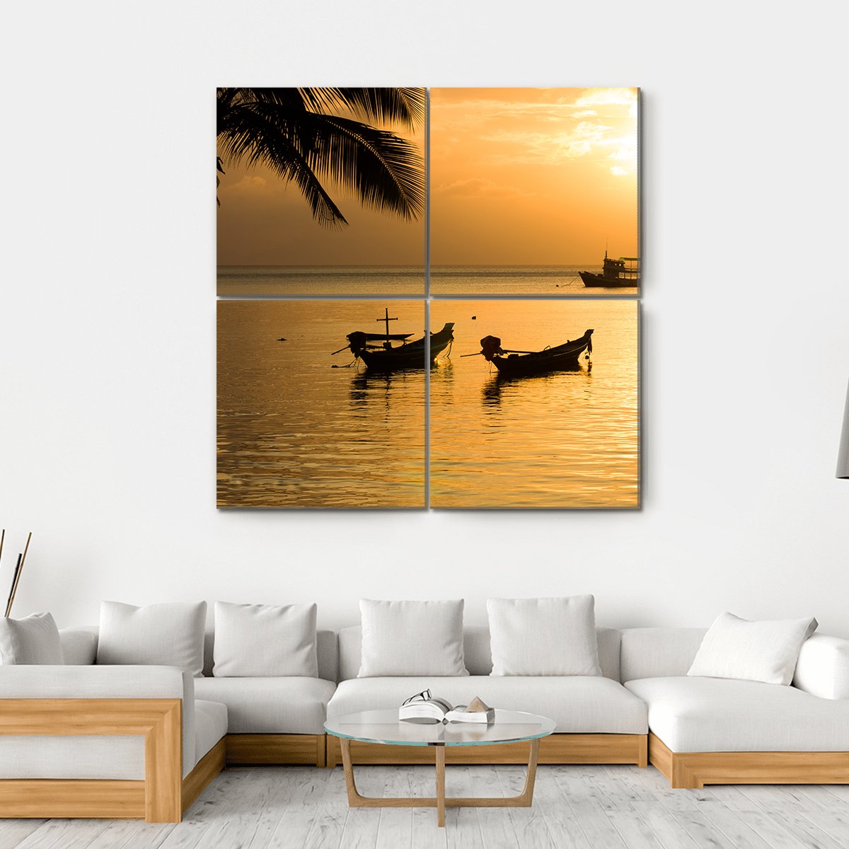 Sunset With Palm And Boats On Tropical Beach Canvas Wall Art-4 Square-Gallery Wrap-17" x 17"-Tiaracle