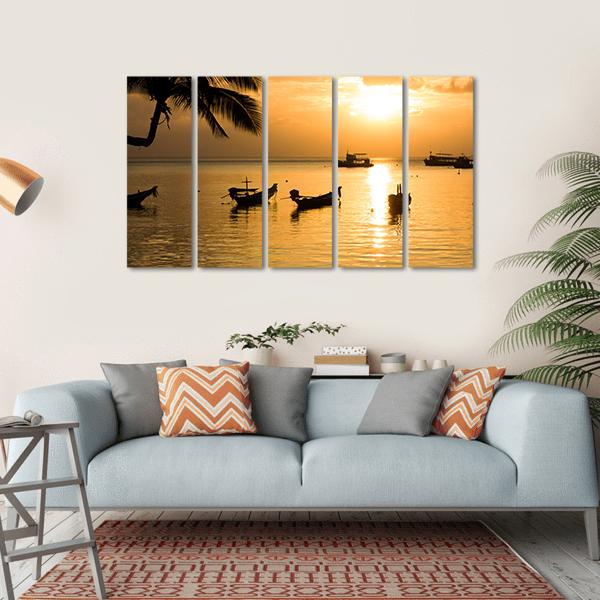 Sunset With Palm And Boats On Tropical Beach Canvas Wall Art-5 Horizontal-Gallery Wrap-22" x 12"-Tiaracle